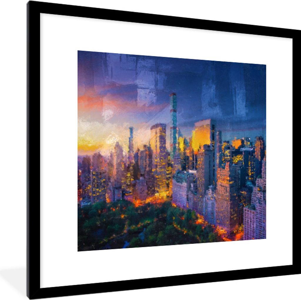 MuchoWow MuchoWow Gerahmtes Poster New York - Sonnenuntergang - Gemälde 40x40 cm - Poster mit zchwarzem Bilderrahmen - Poster - Plakat im Rahmen
