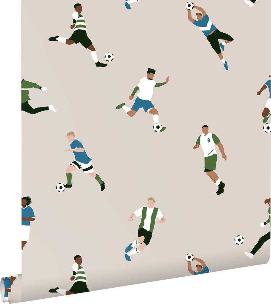 ESTAhome Tapete Fußballspieler Beige und Grün 50 x 900 cm