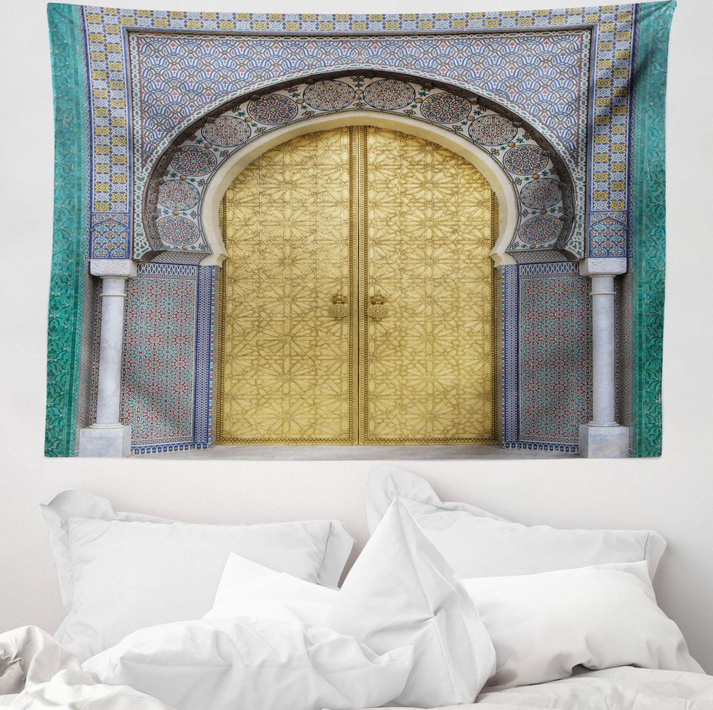 ABAKUHAUS marokkanisch Wandteppich, Antike Türen aus Weiches Mikrofaser Stoff Waschbar ohne Verblassen Digitaldruck, 150 x 110 cm, Gelb Teal Blau