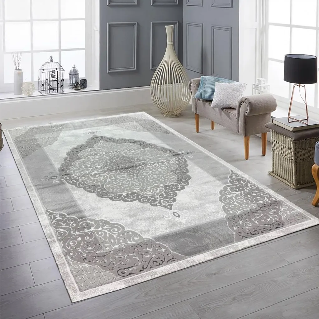 Tapis déco gris argenté pour salon moderne facile à nettoyer 120x170 cm