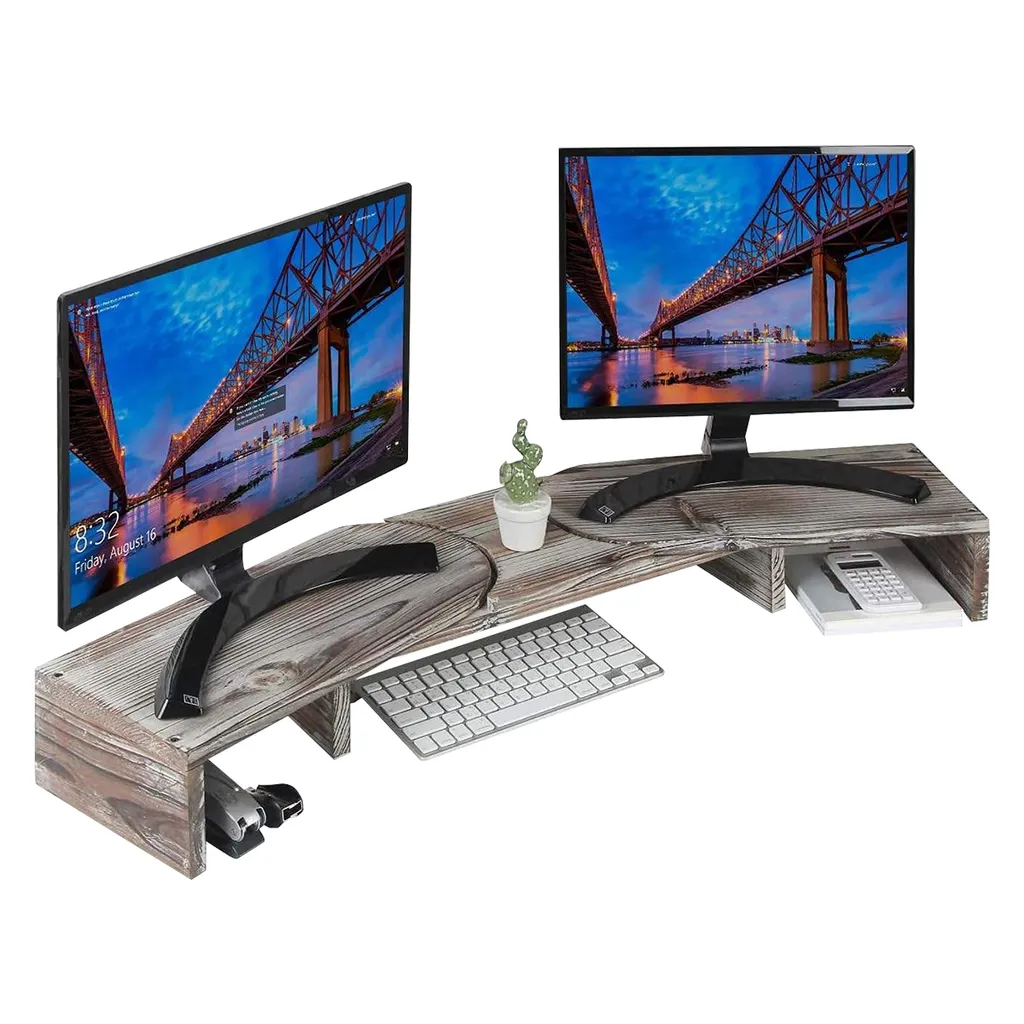 Support bois double écran avec tiroir - Bureau ergonomique et organisé