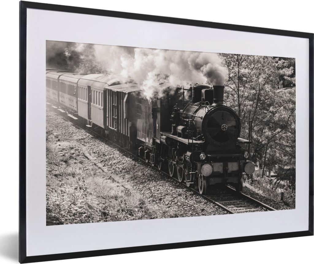 MuchoWow MuchoWow Gerahmtes Poster Ein authentischer Dampfzug in Schwarz-Weiß 60x40 cm - Poster mit zchwarzem Bilderrahmen - Schlafzimmer - Pl...