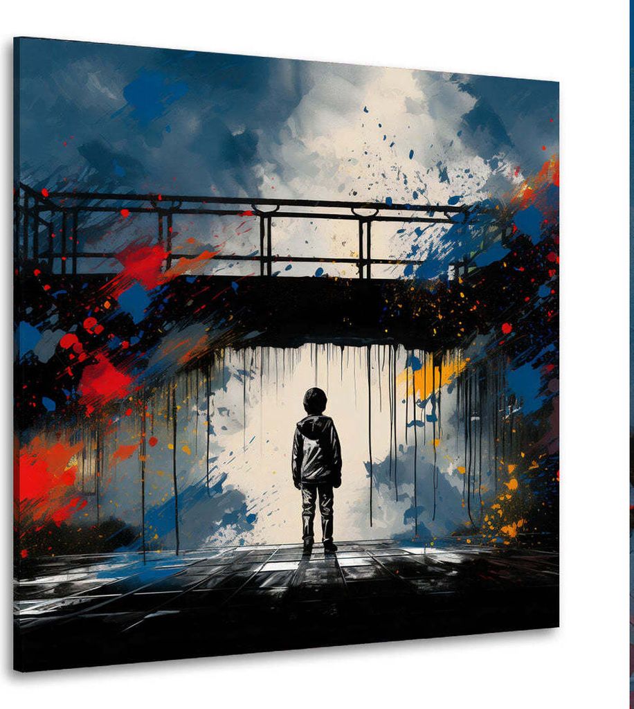 Street Art Bridge Junge vor Brücke Leinwandbild Wandbild Kunstdruck XL abstrakt: 150x150x4cm