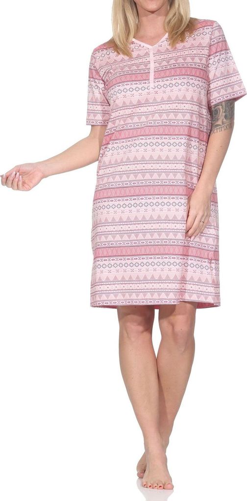 Normann Damen kurzarm Nachthemd im Ethnolook - auch in Übergrössen ; rosa2 , 40