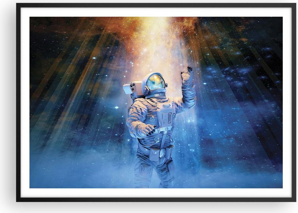 Gerahmtes Poster - Schwarzer Rahmen - Astronaut Licht Kosmos - 100x70 cm - Wand Bild - Wanddeko - Wandbilder - Kunstposter - Wandposter - Bilderrah...