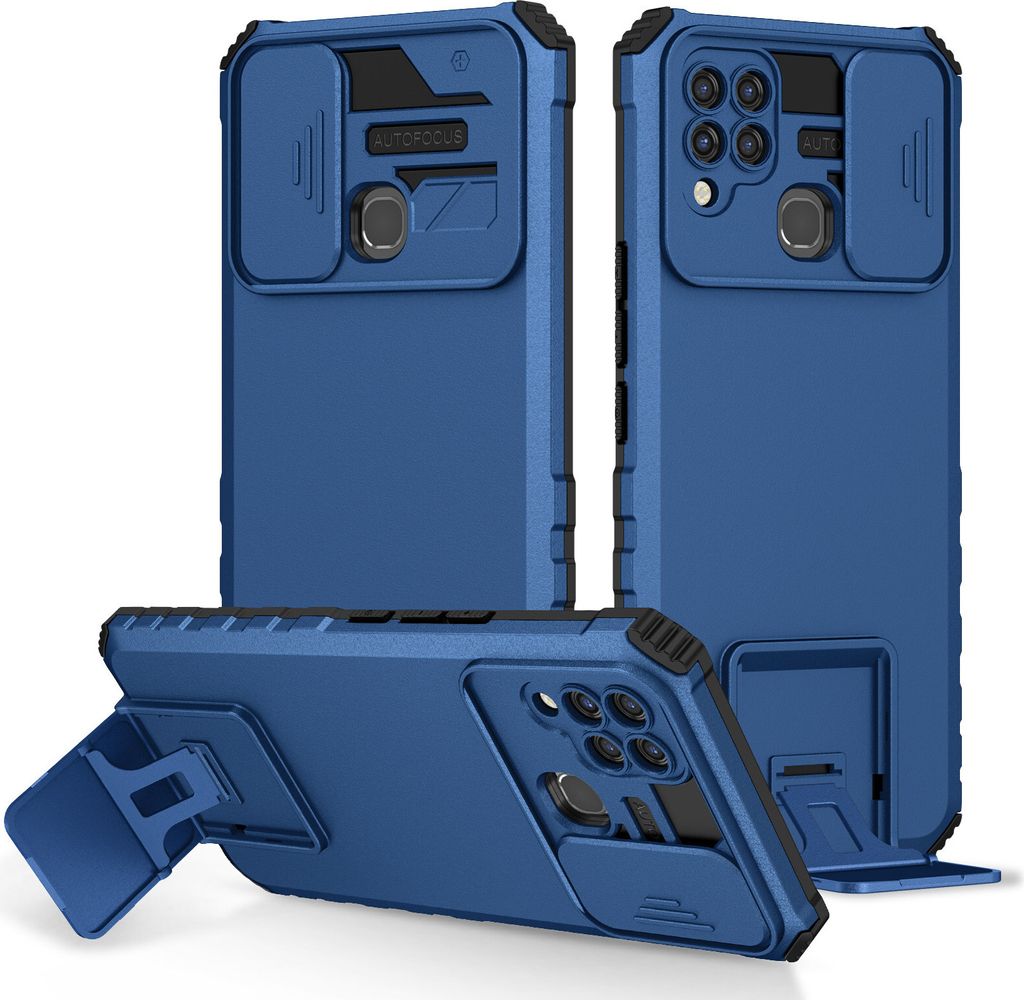 Infinix Hot 10s Hülle, Dual Layer Ständer Schutzhülle mit Schiebe Kamera Schutz für Infinix Hot 10s Blau