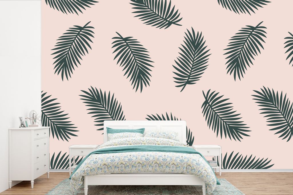 MuchoWow Fototapete für Wohnzimmer oder Schlafzimmer Wandtapete Vinyl Motivtapete Sommer - Blätter - Rosa - 360x240 cm - Vinyl-Tapete