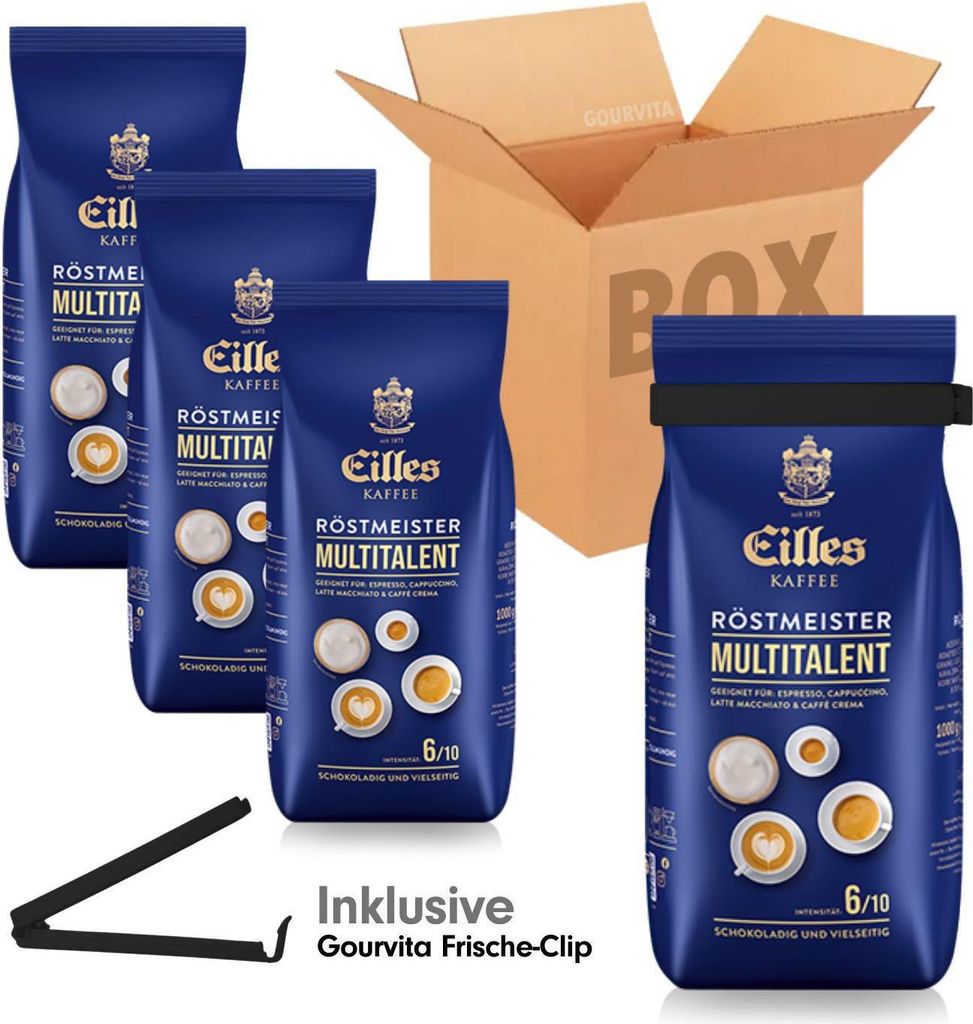 SPARBOX Eilles Kaffee Röstmeister Multitalent + gratis Gourvita Frische-Clip, 4x1000g Bohnen