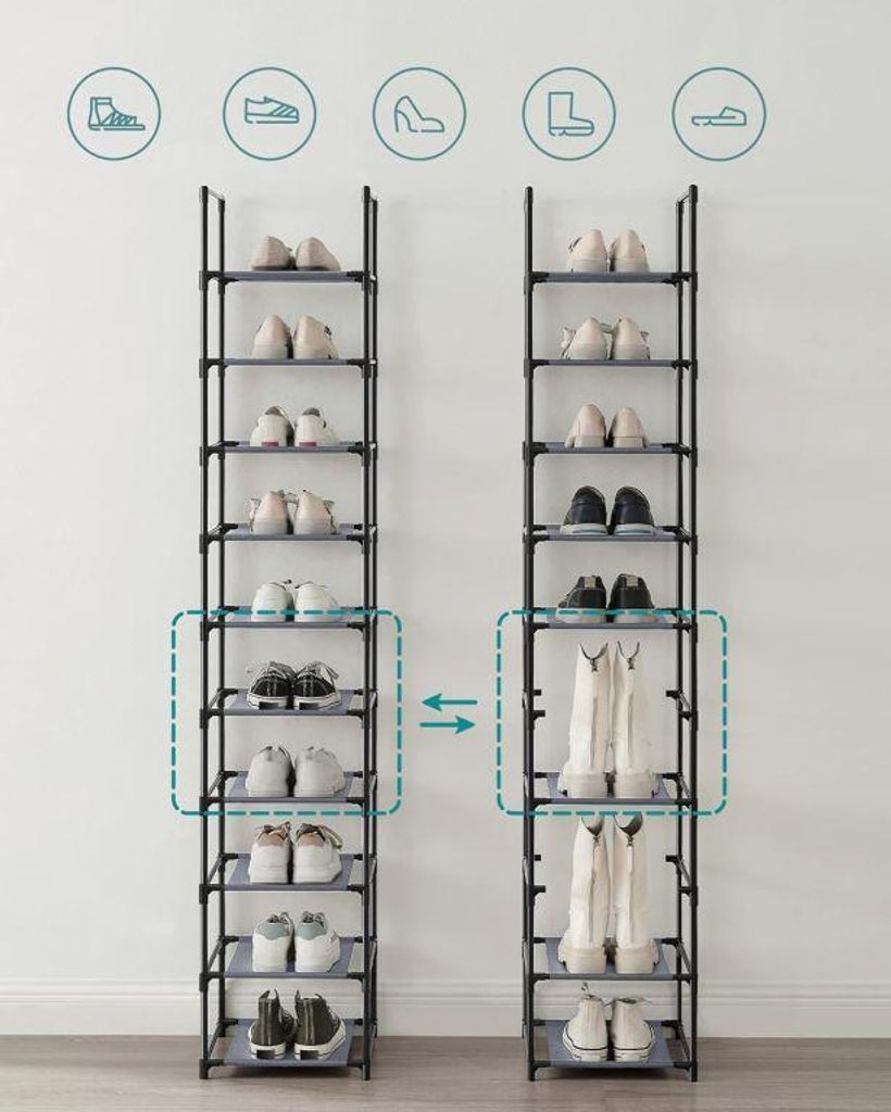 Two tall, open shoe racks are shown side-by-side, filled with various shoes. Icons representing different shoe types are displayed above the racks.