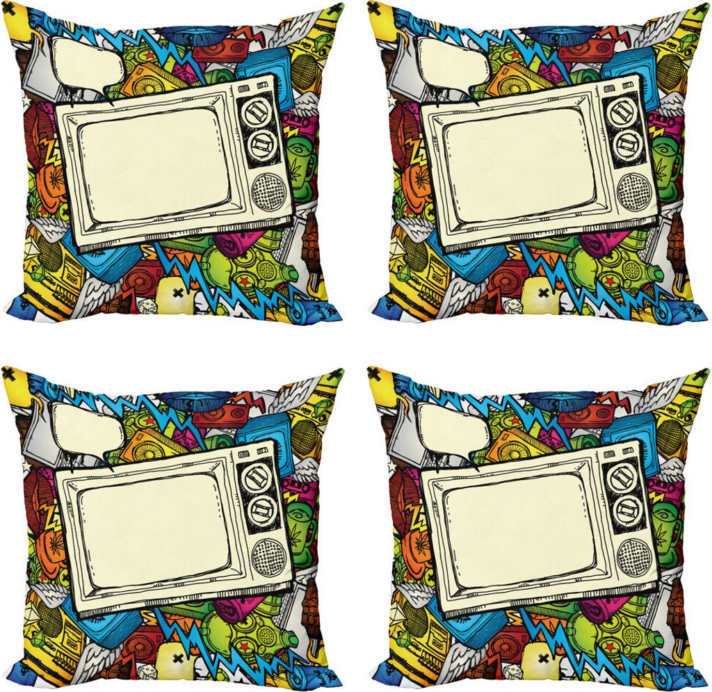 ABAKUHAUS HipHop Kissenbezug Set (4 Stück), 90s Thema Retro-Stil, Moderner Doppelseitiger Digitaldruck, 45 cm x 45 cm, Mehrfarbig