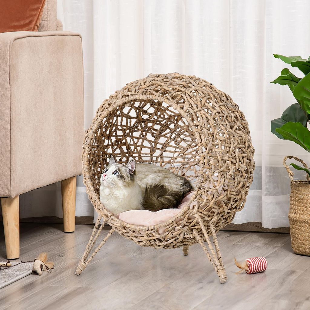 Katzenhaus aus Rattan mit Kissen Katzenschlafplatz Katzenhöhle mit erhöhten Füßen Natur Ø52 x 58 cm, Naturholz, stabil, für Garten und Terrasse