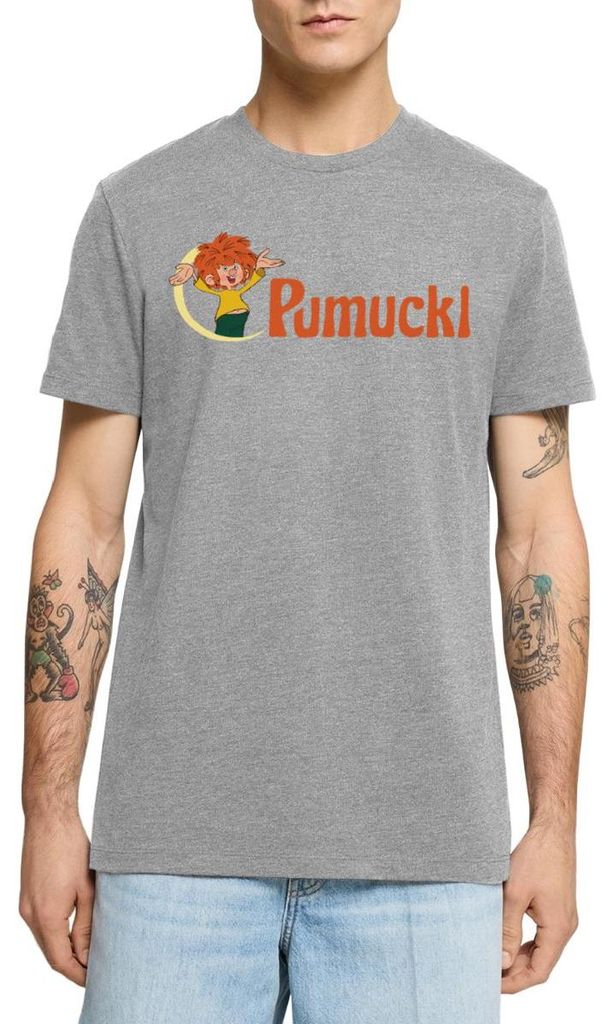 Spreadshirt Pumuckl Mit Frecher Pose Und Logo Schriftzug Männer Premium T-Shirt, XS, Grau meliert