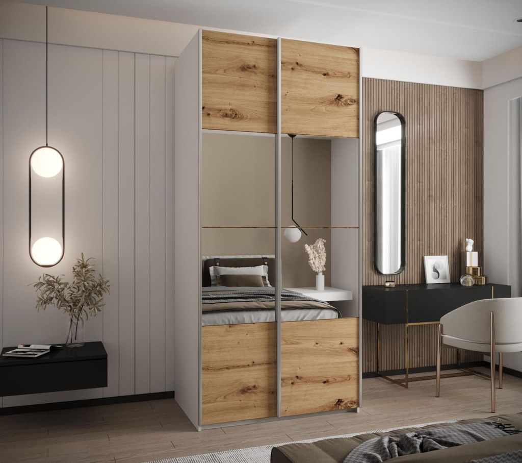 Zweitüriger Kleiderschrank SAMARA 4 - 110 cm, weiß / Eiche handwerklich / silber