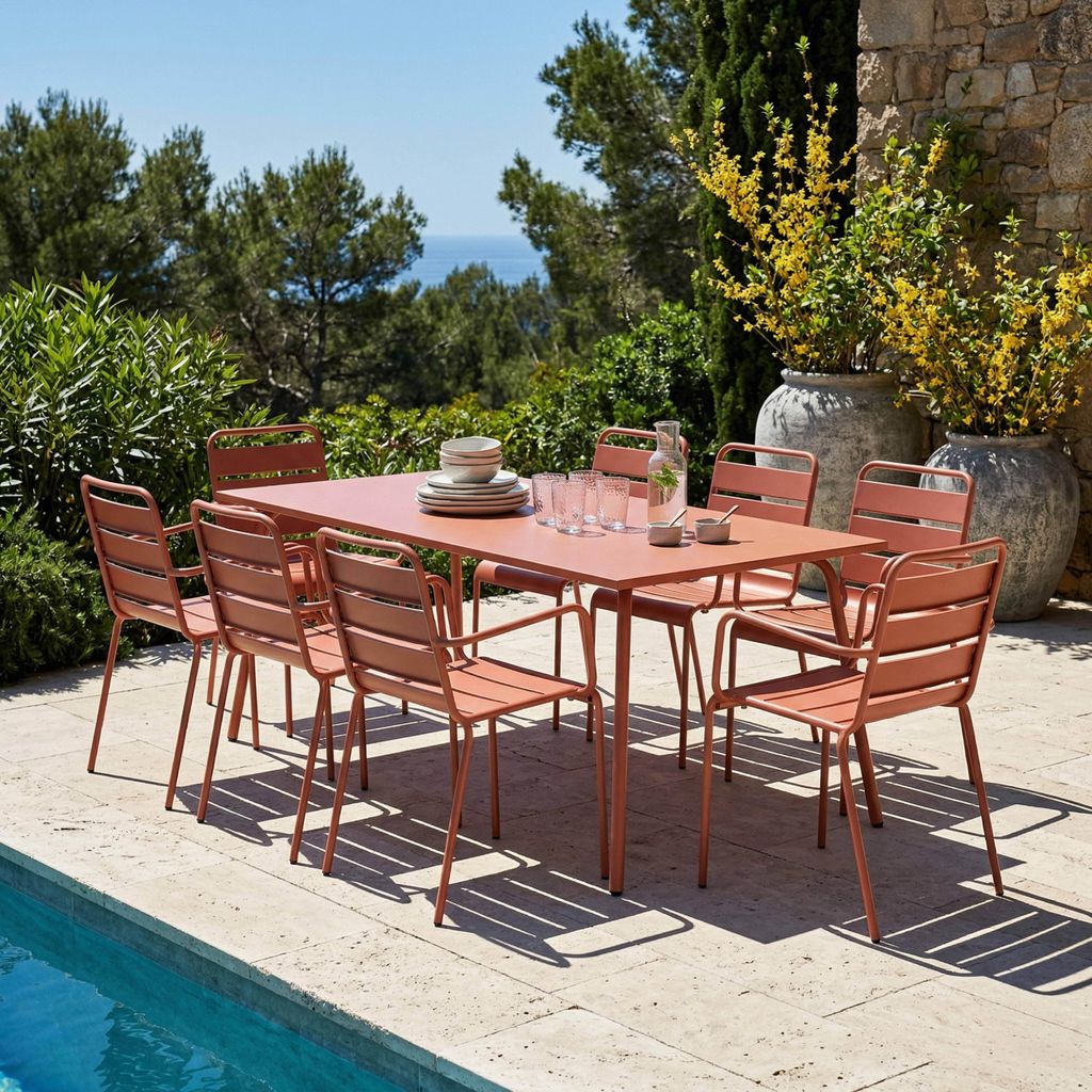Gartentisch und 8 Metallsessel Rosa - Oviala Palavas