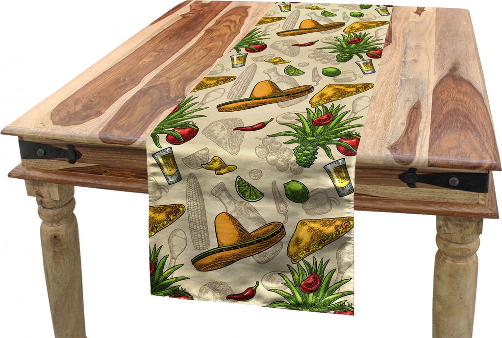 ABAKUHAUS Mexikanische Tischläufer, Traditionelle Lebensmittel, Mexiko, Esszimmer Küche Rechteckiger Dekorativer Tischläufer, 40 x 225 cm, Champ...