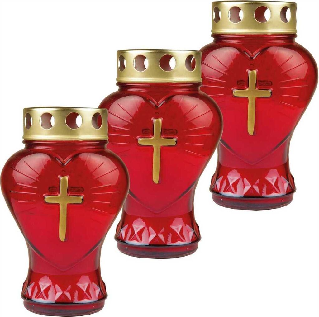 Grablicht aus Glas in Herzform Rot 3er-Pack Grabkerze 45h Produktbild 