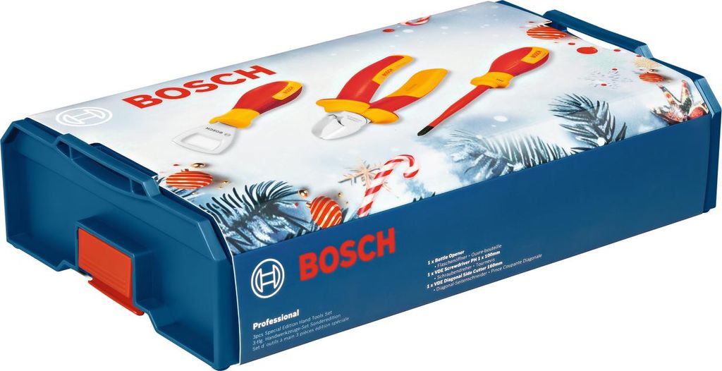 A Bosch VDE-Set Limited Edition 3-piece tool set in its original packaging, with a festive Christmas theme.