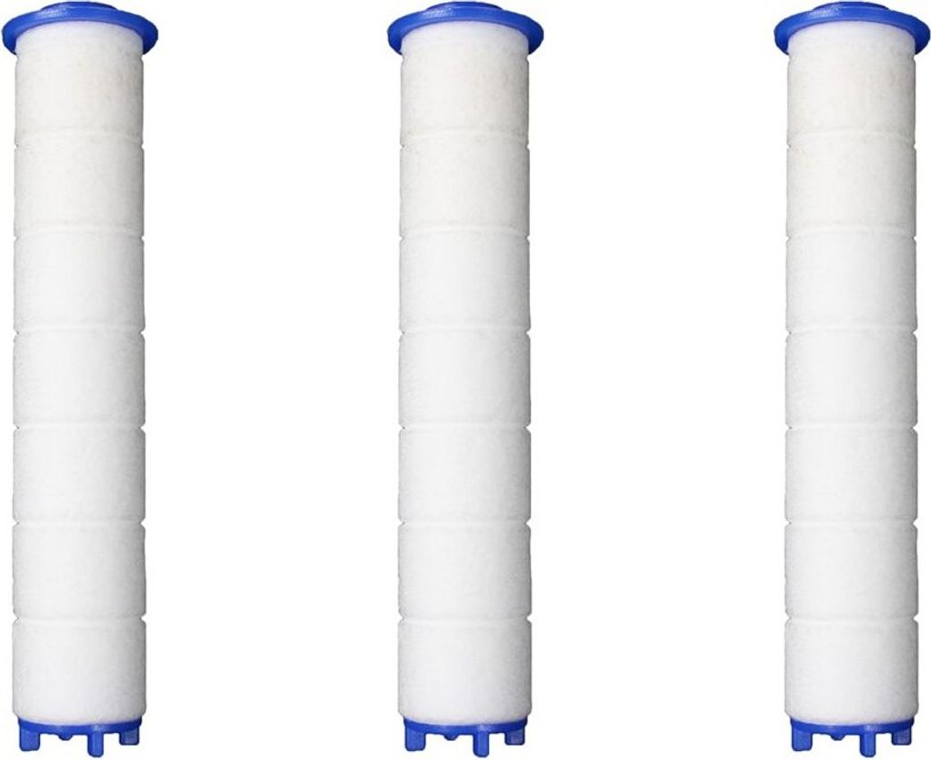 Three white shower filter cartridges with blue caps are arranged vertically against a white background.