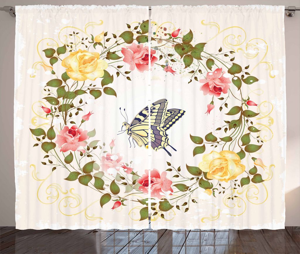 ABAKUHAUS Rose Rustikaler Vorhang, Weinlese-Kranz-Schmetterling, Wohnzimmer Universalband Gardinen mit Schlaufen und Haken, 280 x 175 cm, Mehrfarbig
