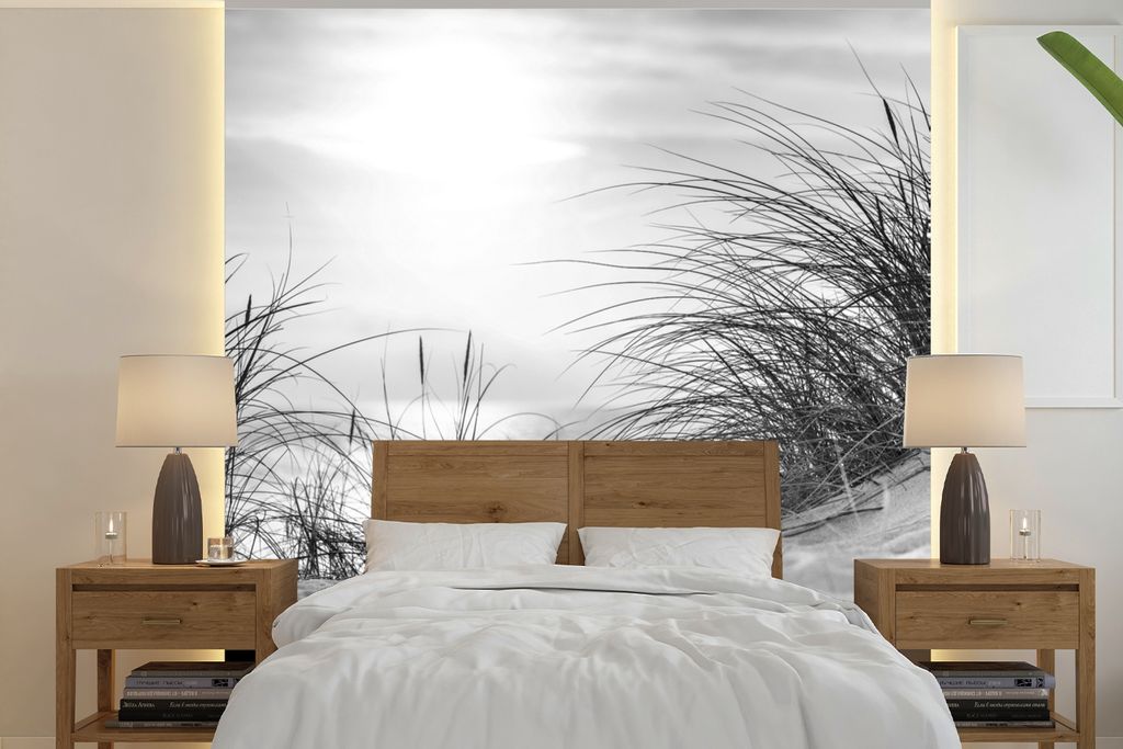 MuchoWow Fototapete für Wohnzimmer oder Schlafzimmer Wandtapete Vinyl Motivtapete Wattenmeer - Schwarz - Weiß - Dünen - 350x350 cm - Schlafzim...