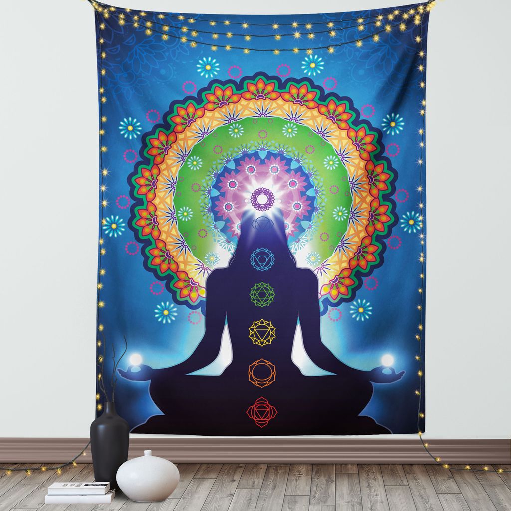 ABAKUHAUS Chakra Wandteppich, Schattenbild der Frau Yoga Blumen Zen Mandala Meditation Erleichterung Illustration, Wohnzimmer Schlafzimmer Seidiger...