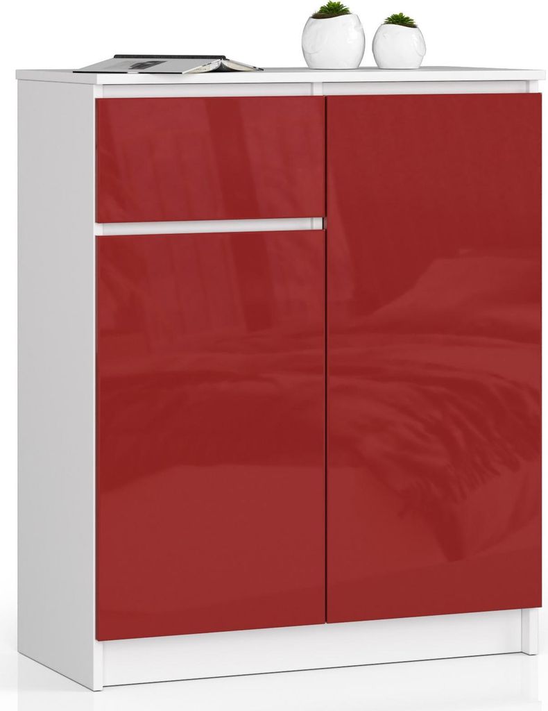Kommode – Schubladenkommode – Sideboard mit 2 Türen – 80 cm – Weiß / Rot Hochglanz – Kompakte Aufbewahrung mit Tür- und Schubladenkomb...