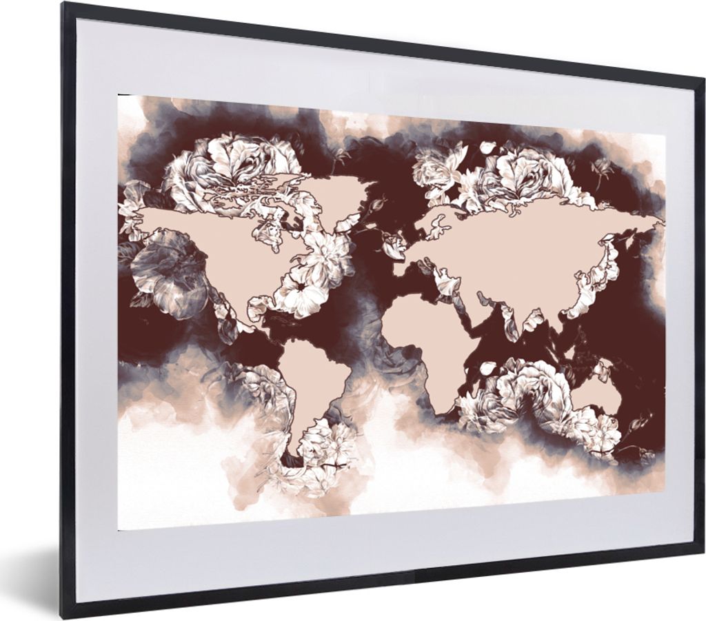 MuchoWow MuchoWow Gerahmtes Poster Weltkarte - Braun - Rosen 60x40 cm - Poster mit zchwarzem Bilderrahmen - Schlafzimmer - Plakat in Rahmen - D...