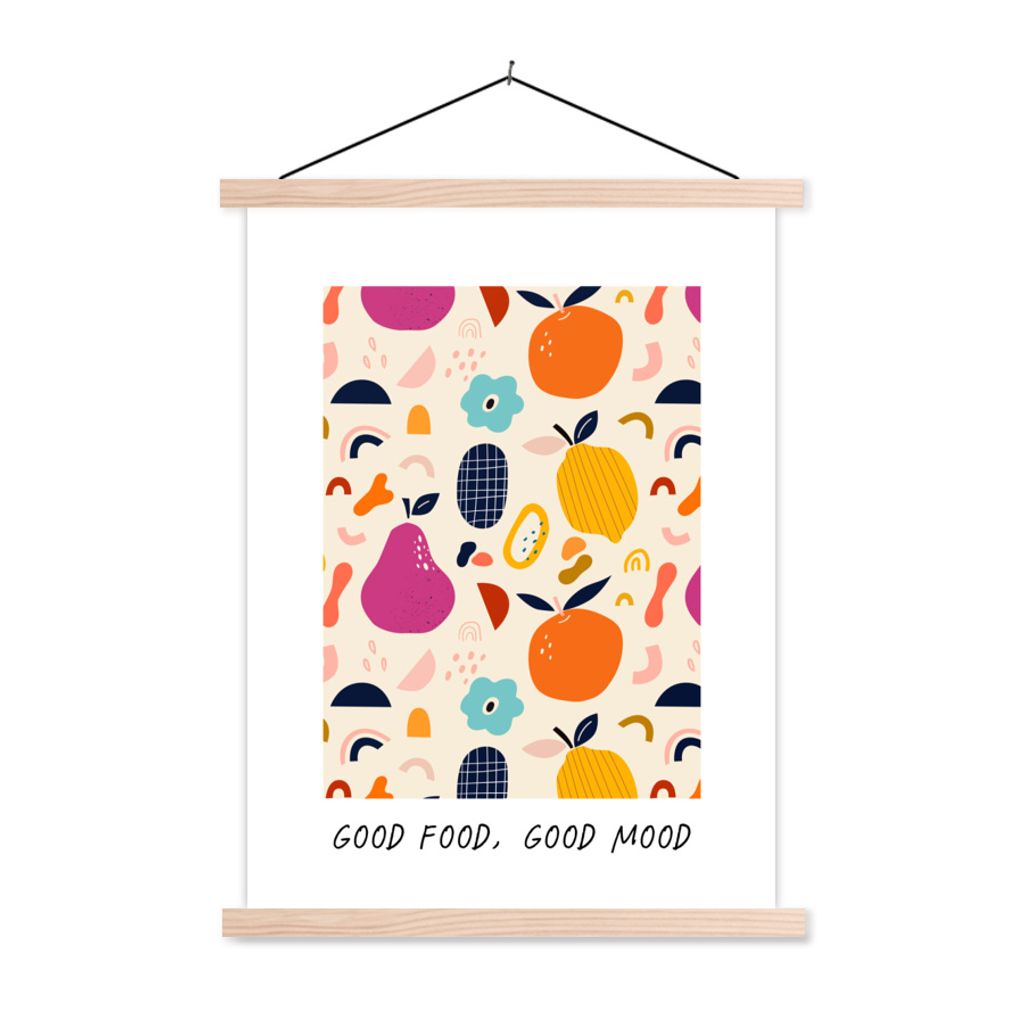 MuchoWow Textilposter Zitate - Gutes Essen, gute Laune - Essen - Sprichwörter 120x160 cm mit holzfarbenen Rahmen - Plakatkarton