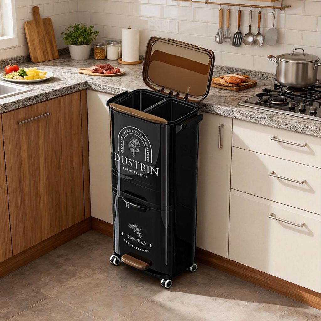 A kitchen scene with a black multi-compartment trash can on the counter.