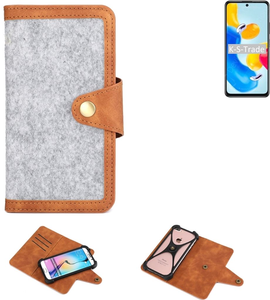 K-S-Trade Handyhülle kompatibel mit Xiaomi Redmi Note 11S 5G Schutzhülle Filz-Hülle Kunst-Leder hellgrau braun (1x)