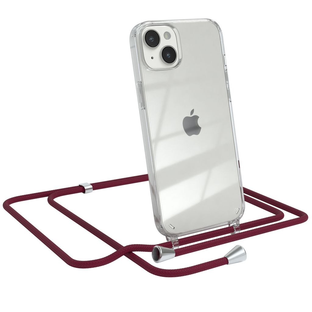EAZY CASE Handykette kompatibel mit Apple iPhone 14 Plus, Handyhülle mit Umhängeband, Handykordel, Schutzhülle Clear, Band in Rot