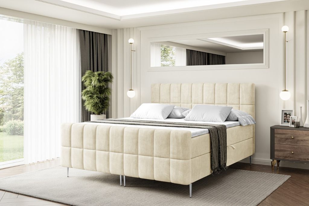 ALTDECOR Boxspringbett mit Silber Füßen, Matratze und Lattenrost, Topper, Fußteil, Polsterbett mit Bettkasten, Bett mit Stauraum H4-Matratze, Do...