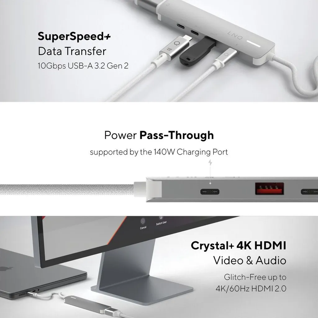 Hub USB-A 4 Ports Linq Byelements LQ49051 - Design Compact Blanc/Gris - 6