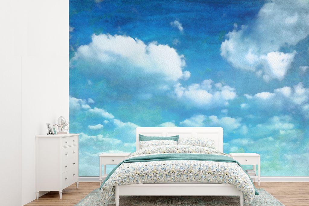 MuchoWow Fototapete für Wohnzimmer oder Schlafzimmer Wandtapete Vinyl Motivtapete Wolken - Aquarell - Sommer - 330x240 cm - Vinyltapete