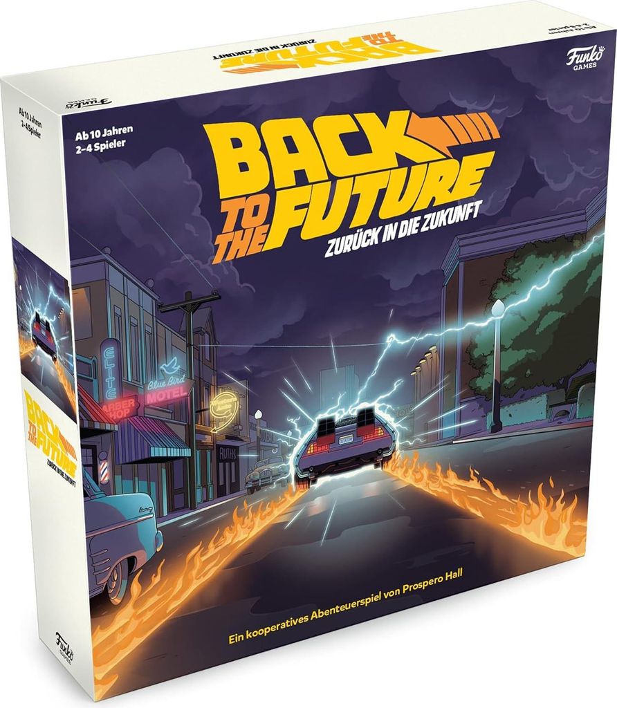 The image shows the box of the Back to the Future board game, depicting the DeLorean car in action on a street at night.