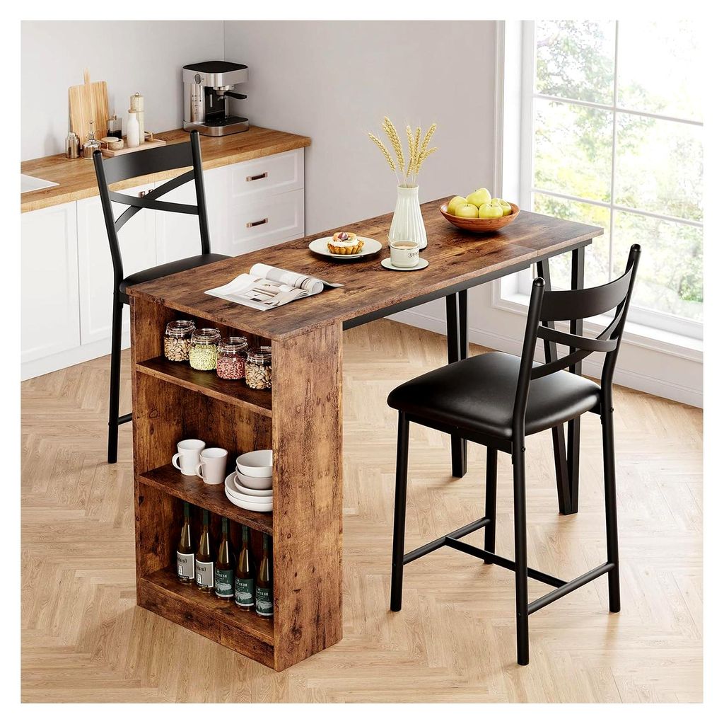 Kompaktes 3-teiliges Bartisch-Set – Ausziehbarer Holztisch mit Klappfunktion und Stauraum, Essgruppe für 2 Personen – Bequeme Sitzkissen, idea...