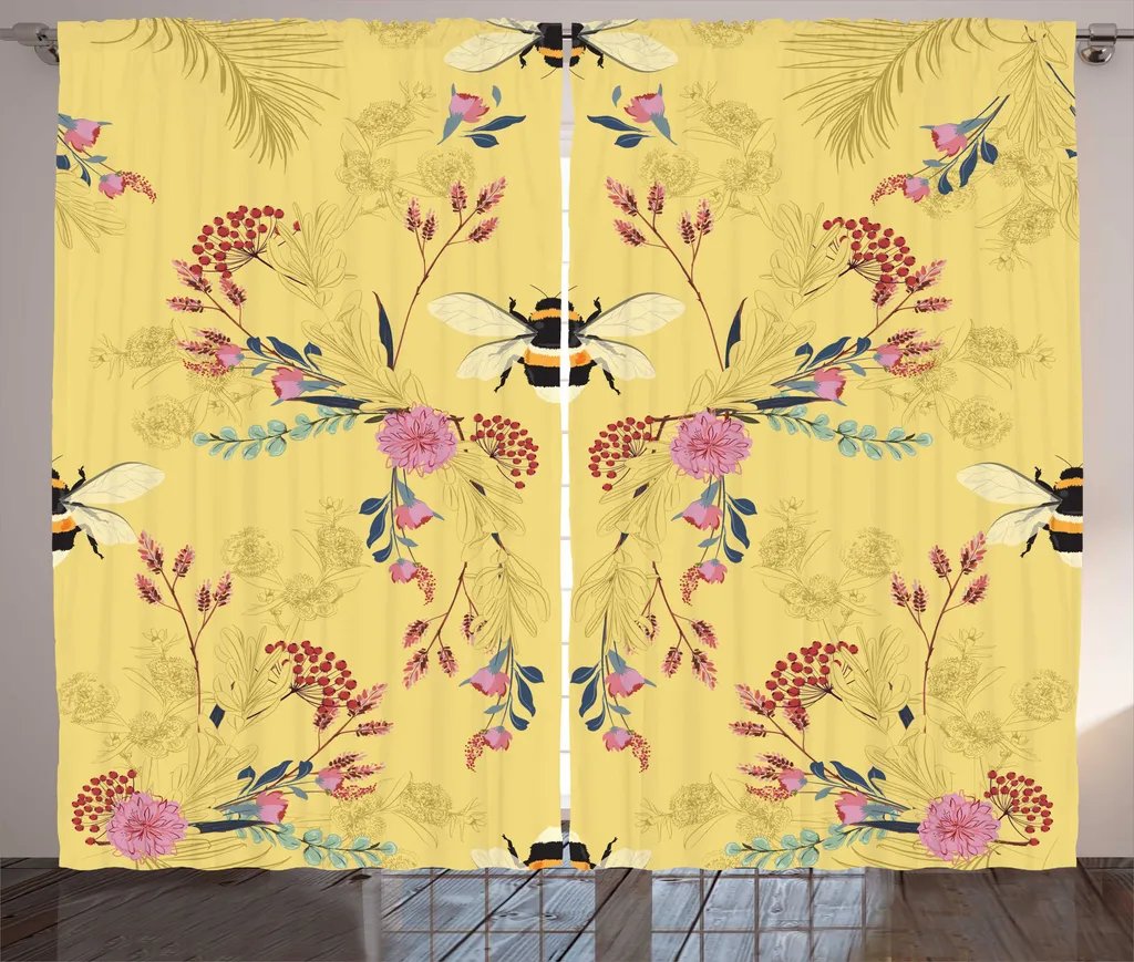 Paire de Rideaux de Salon Universels Motif Abeilles et Fleurs de Printemps