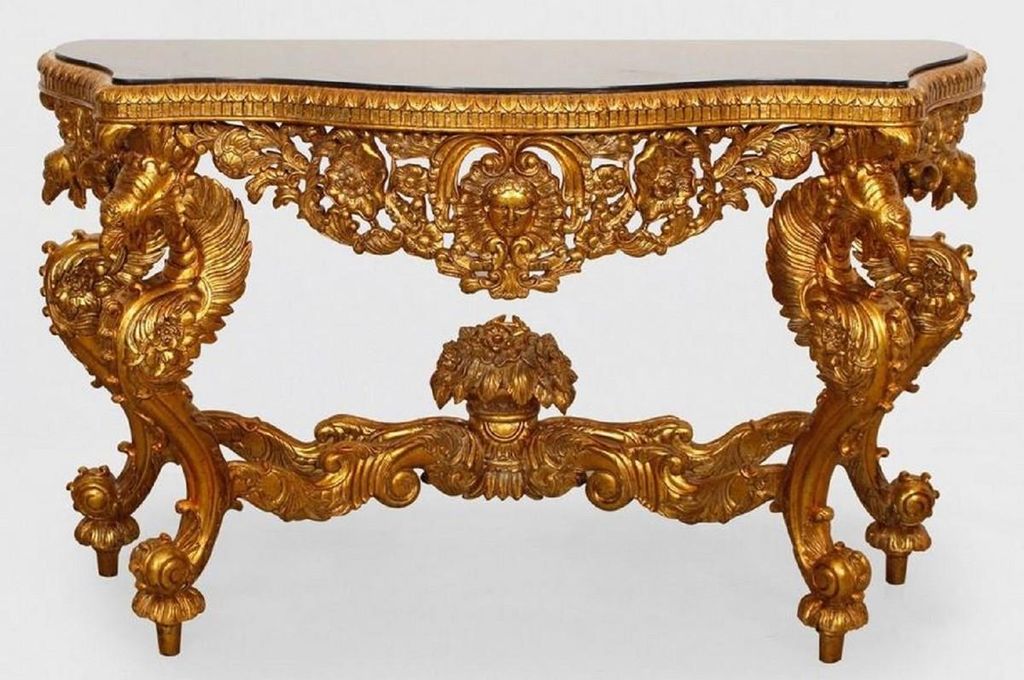 Casa Padrino Luxus Barock Konsole Gold / Schwarz - Handgefertigter Massivholz Konsolentisch mit edlen Verzierungen und Marmorplatte - Barock Möbel
