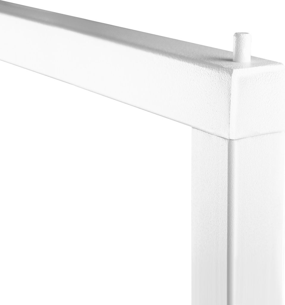 A close-up of a white metal clothing rack corner with a small peg.