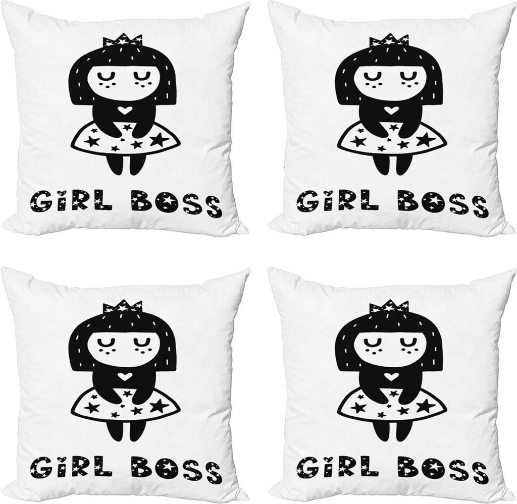 ABAKUHAUS Mädchen Boss Kissenbezug Set (4 Stück), Prinzessin Doodle, Moderner Doppelseitiger Digitaldruck, 60 cm x 60 cm, Charcoal Grau und Weiß