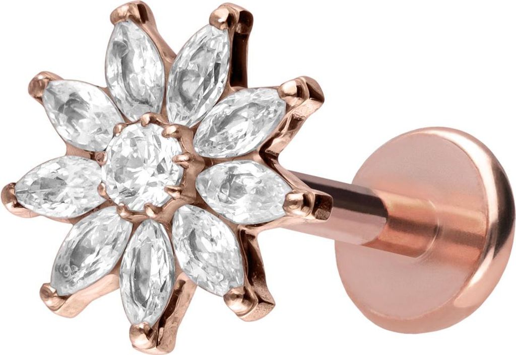 Ohrpiercing, Nasenpiercing Titan Labret mit Push Fit KRISTALLBLUME RoséGold Stablänge: 9mm | Stabstärke: 1mm