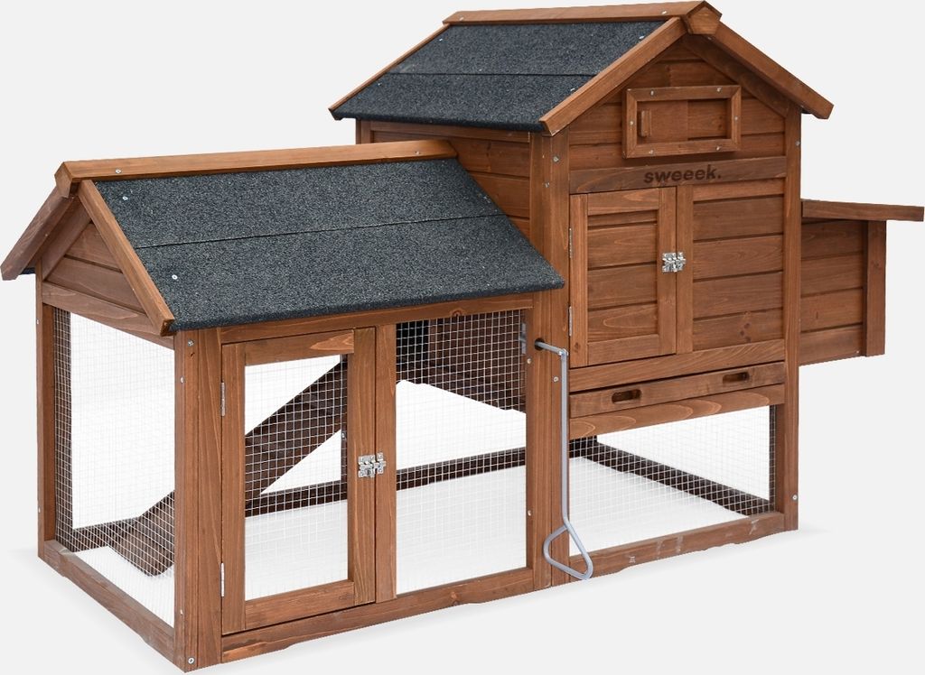 A wooden chicken coop with an attached run, shown from a side-angle against a white background.