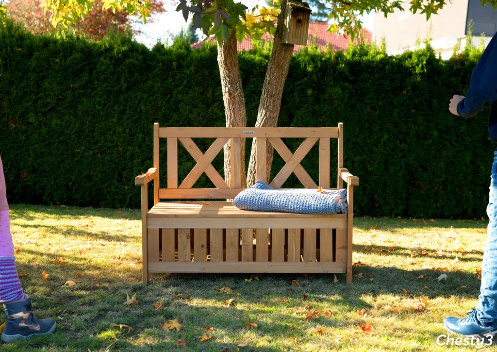 needs&wants® Panca da giardino in legno resistente alle intemperie con vano portaoggetti e copertura, panca a 2 posti in legno panca classica, panca da parco panca da giardino solida da esterno con cassapanca, 115x58x85 cm, in legno naturale massiccio, marrone scuro - 9