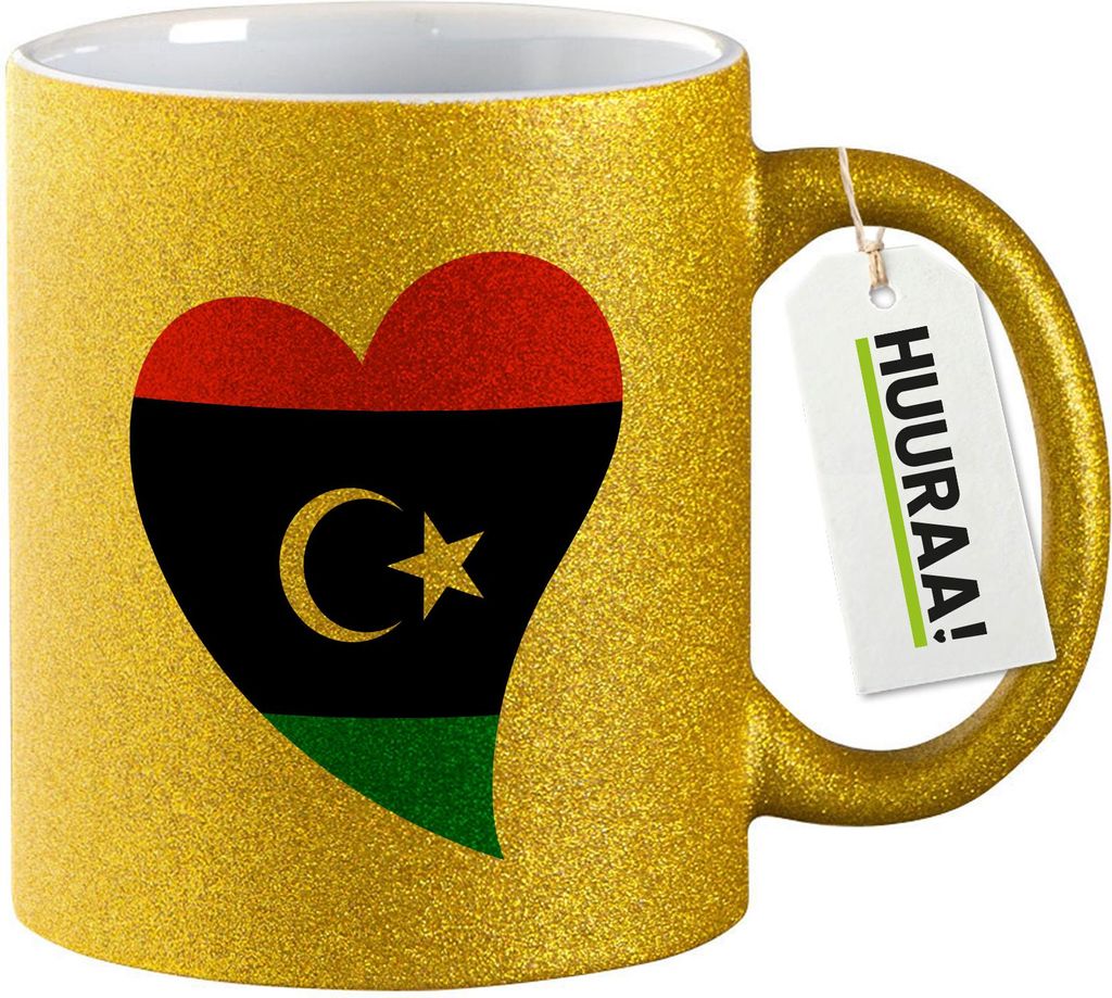 Huuraa Glitzertasse Libyen Flagge Herz 330ml Gold Keramik Kaffeebecher Geschenkidee