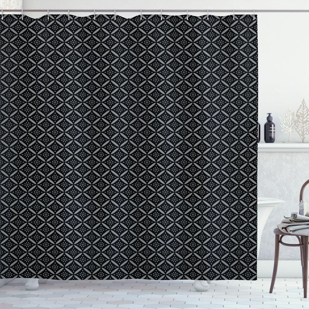 ABAKUHAUS viktorianisch Duschvorhang, Königliche Blumenfliesen-Zusammensetzung Nature Inspired Antik-Design Retro-Stil, 175 x 200 cm, Schwarz und ...