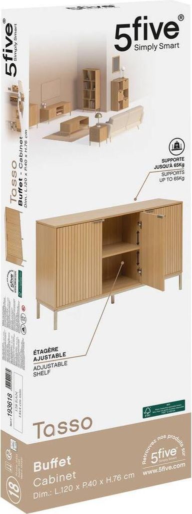 The image shows the packaging of a buffet cabinet, with a product illustration and details.
