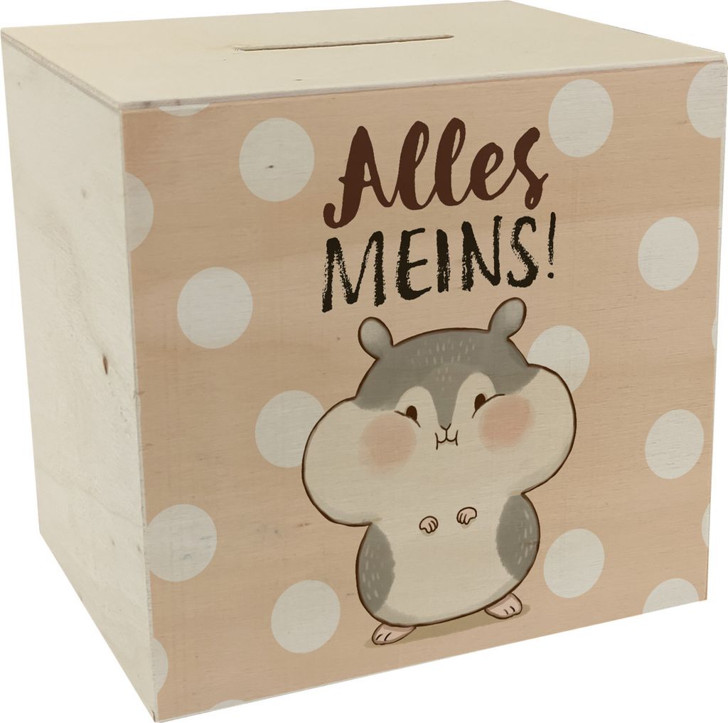 Hamster Spardose aus Holz mit Spruch Alles meins