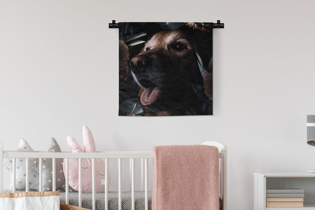 MuchoWow Wandteppich Wandbehang Hund - Blumen - Blätter - Botanisch 60x60 cm Tapisserie Dekoration Wandtuch - Dekorationen - Wand Decke