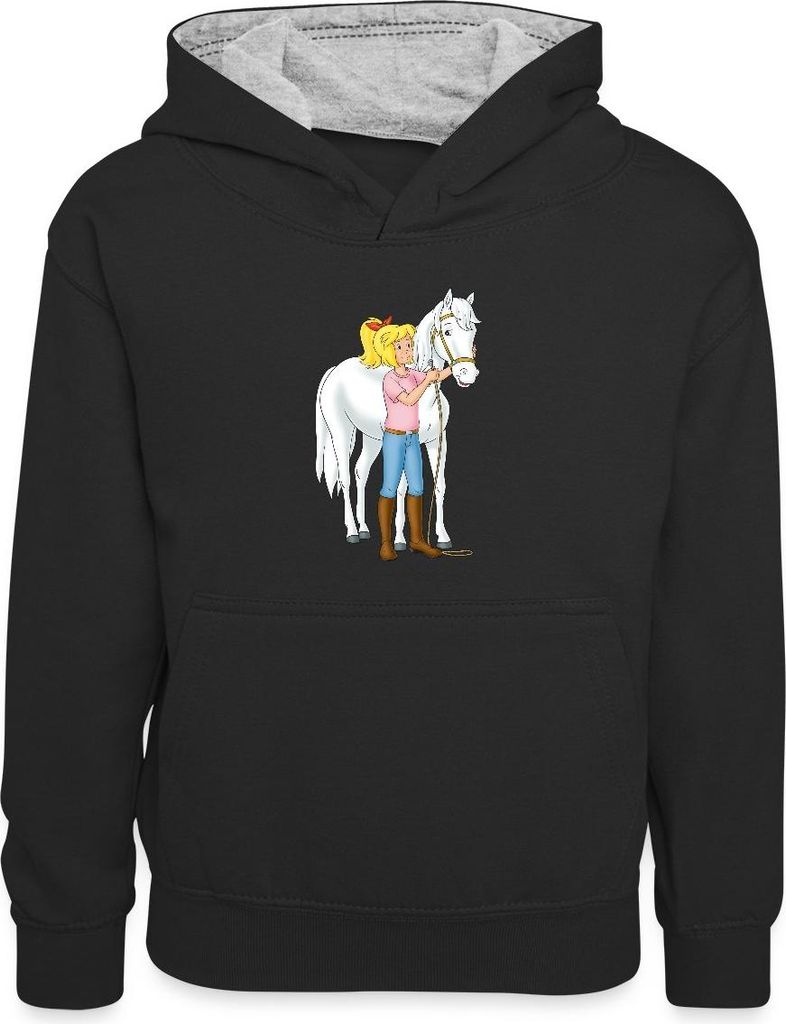 Spreadshirt Bibi Und Tina Bibi Mit Stute Sabrina Kinder Kontrast-Hoodie, XS (3/4 years), Schwarz/Grau meliert