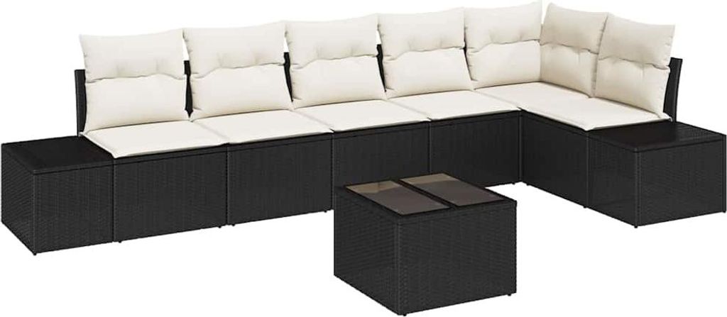 "2026 MODERNE" Gartensofa-set - elegantes Design - Sitzgruppe mit Sofa, Tisch - mit Kissen 7 pcs Schwarz und Creme Poly-Rattan - Terassenmöbel Neu...